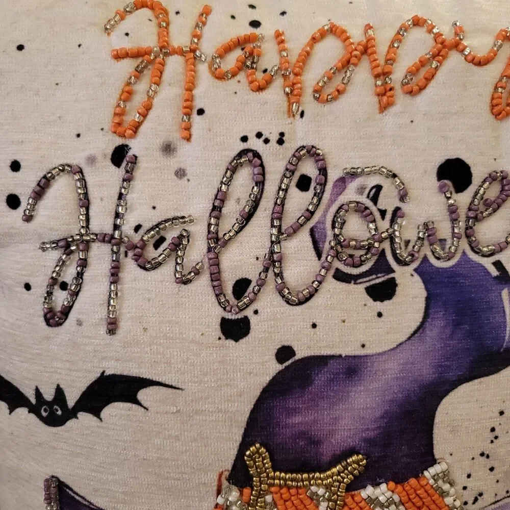 Halloween White Embellished Throw Pillow 14.5 x 14.5 Beaded Witch Hat Pumpkin